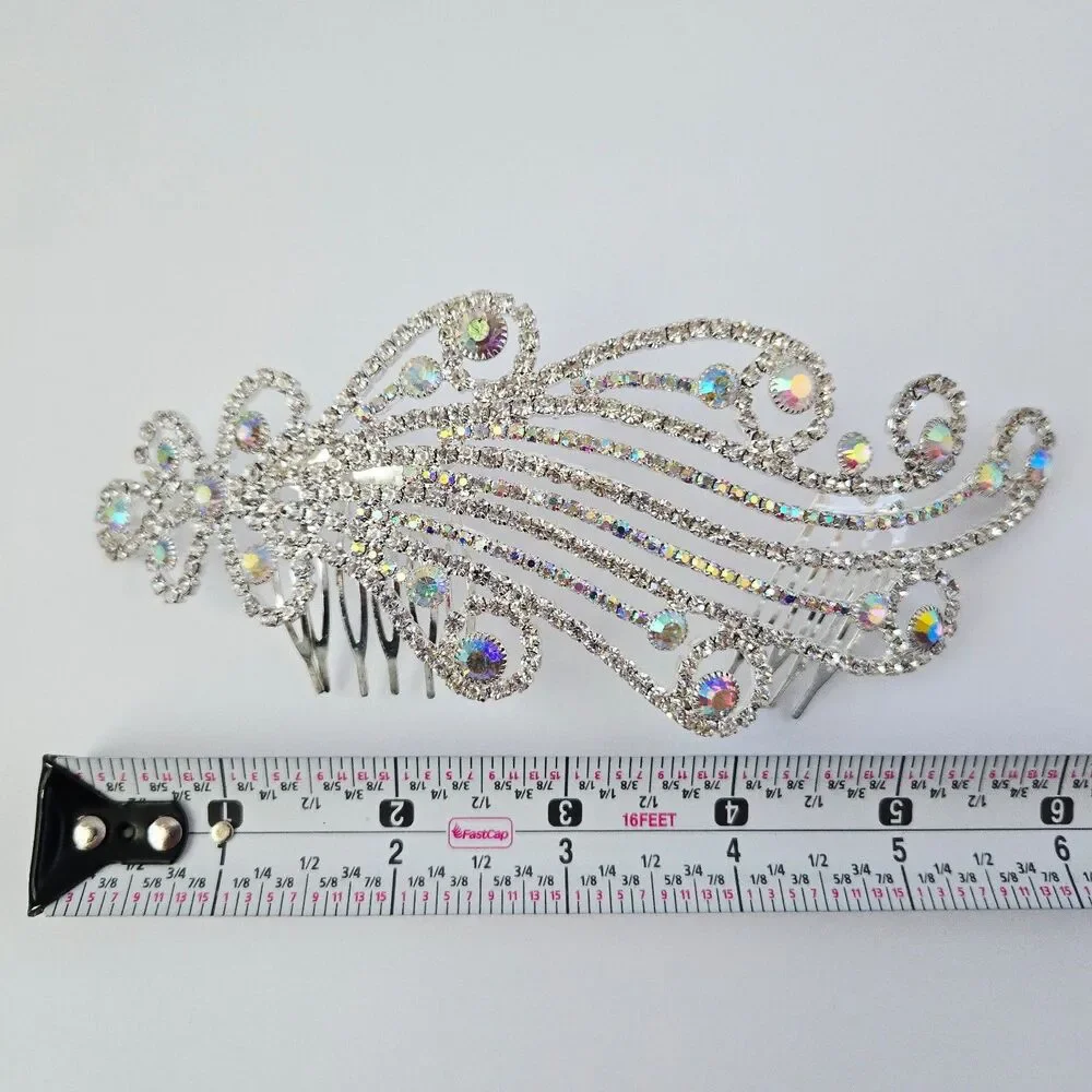 Aurora Borealis Bridal Hair Comb Rhinestone Silver Tone Wedding Formal Prom